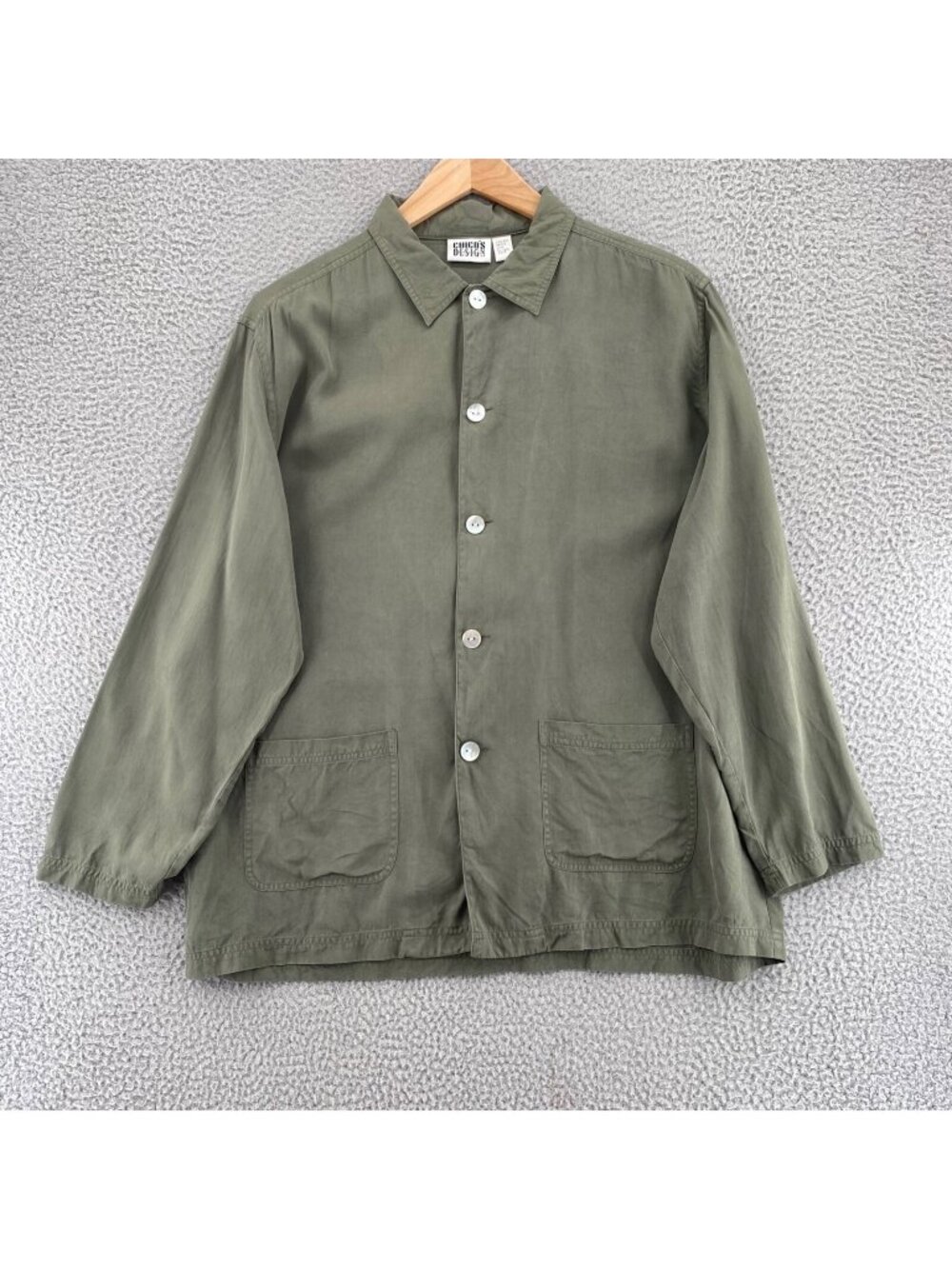 Chicos Jacket Womens 3 US Extra Large Green Silk Shacket Button Up Collar Casual